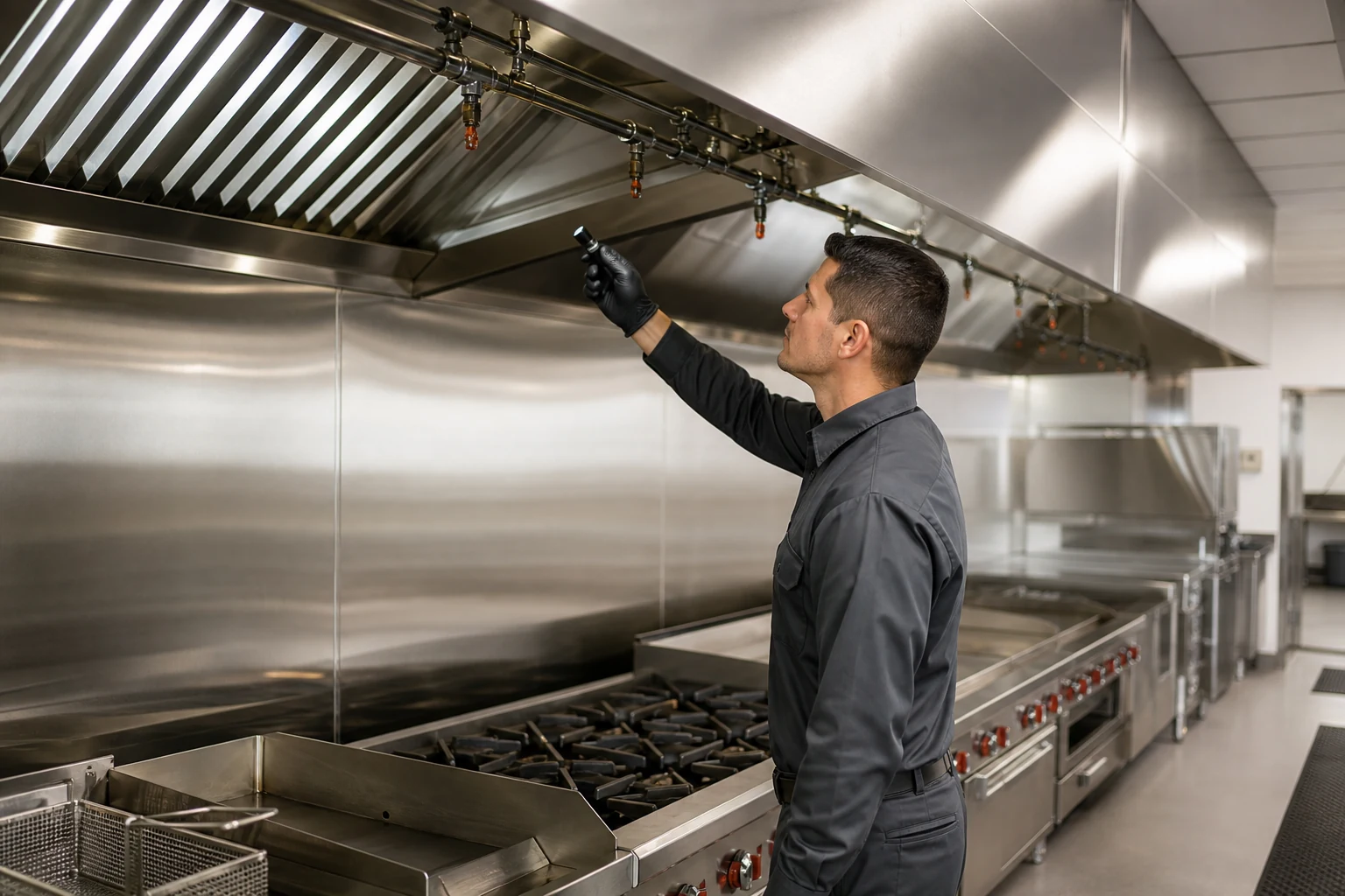 Technician inspecting a commercial kitchen hood suppression system